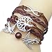 JQUEEN Brown Peace Dove Tree Infinity Leather Rope Vintage Silver Plated Bracelet Bangle for Women Gift