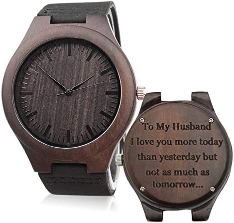 Custom Engraved Mens Vintage Analog Quartz Wooden Wrist Watches Handmade Casual Men Watch with Cowhide Leather Strap Personalized Gifts for Men Husband Boyfriend Birthday Gift