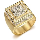 Fanshu Stainless Steel Gold Plated Iced out Bling Square Hip Hop Punk Heavy Rings for Men Women Couple Birthday Gift Party Fashion Jewelry