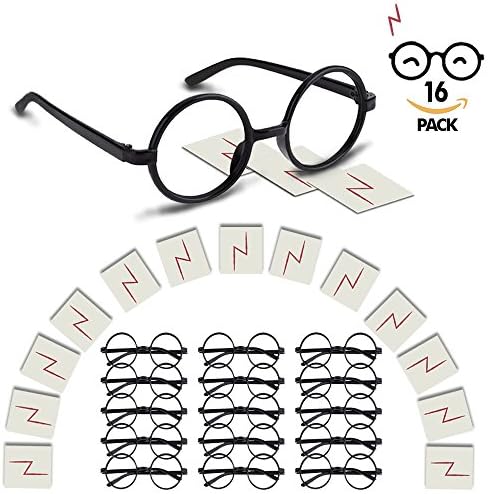 YoHold Wizard Glasses with Round Frame No Lenses and Lightning Bolt Tattoos for Kids Harry Potter, Halloween, St Patrick's Day Costume Party, 16 Pack of Each, Black