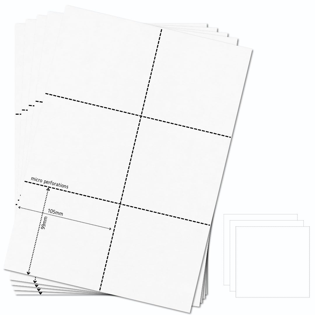 OfficeGear Event Badge Insert Cards 6-up [55 Sheets 330 Pack] 99x105mm Printable Micro-Perforated A4 White 150GSM Cardstock, for Events, Parking Vouchers, ID Badges - incl Design Template