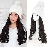 CXYP Knitted Hat with Hair Wig for Women Girl Long Curly Wavy Hair Wig with Synthetic Hair Extensions (dark brown hair, white hat)