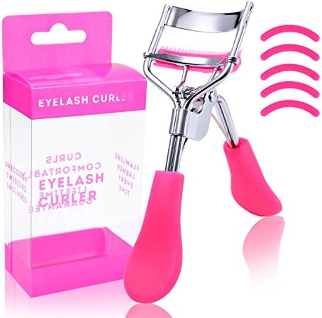 Eyelash Curler with Built-in Comb Lash Curlers Plus 5 Refill Pads Tool Travel Eye Lashes Clip Professional Stainless Steel Curled Cosmetic Makeup Accessory Long Lasting and Natural Looking Curl, Rose