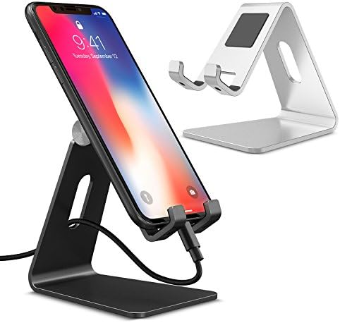 PolySky Adjustable Phone Stand for desk Black Adjustable+Silver iPad Stand - 2 Pack, Desktop Tablet Stand Holder Dock for iPad Pro 9.7, 10.5, Air mini 2 3 4, iPhone X 7 8 6 Plus, Samsung S8 S7