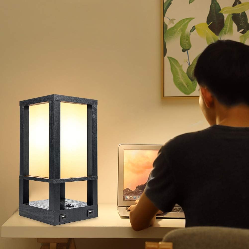 Deeplite Usb Table Lamp Bedside Nightstand Lamp With 2 Usb Charging Ports Modern Asian Desk Lamp With Solid Wood Frame Fabric Shade Ambient Light For Bedroom Living Room Gust Room Office Black