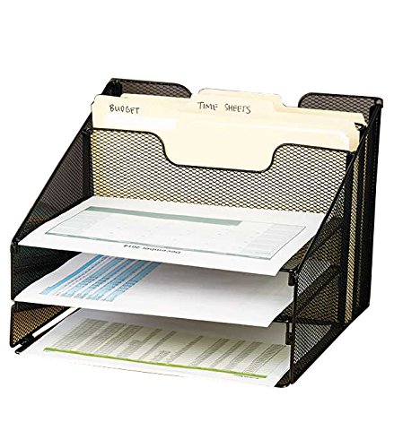 VANRA Metal Mesh Desktop File Sorter Organizer Desk Tray Organize with 3 Letter Trays and 2 Vertical Upright Sections, Black