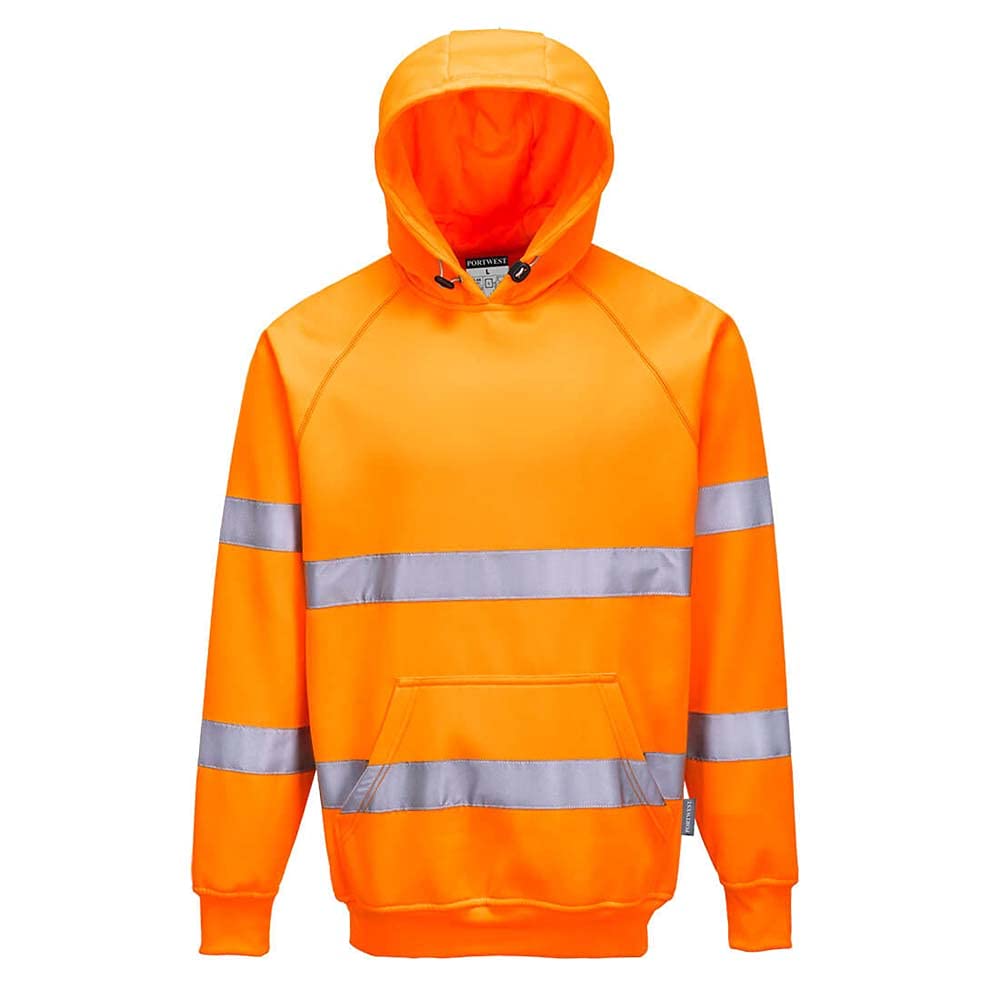 Portwest B304 Hi Vis Mens Hoodie Reflective Pullover High Visibility Hooded Sweatshirt Safety Workwear With Reflective Tape Orange X-Large