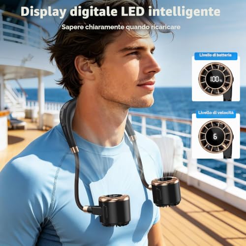 Neck Fan, 4 Ah Mini Portable Fan, 6 Speeds Silent Neck Fan, LCD Display Portable USB Rechargeable Fan, Desk Fan Office Bedside Walking
