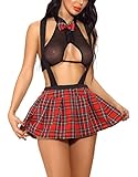 LeaLac Sexy Lingerie For Women School Girl Outfit Lingerie Cute Plaid Mini Skirt Set 659 Black XL