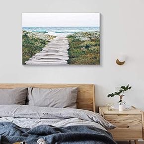 Canvas Wall Art Path Green Beach Sea Water Painting Artwork for Home Prints Framed - 12x18 inches