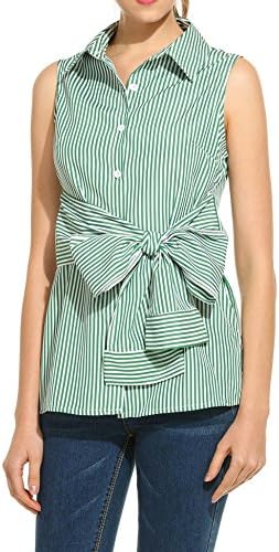 Tinkwell Womens Casual Sleeveless Slim Belt Button Down Collar Striped Shirt