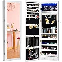 TWING Jewelry Armoire Jewelry Organizer Wall Mounted Lockable 6 LEDs Wall Mounted Jewelry Armoire with Mirror 3 Drawers Door Large Jewelry Armoire Cabinet (White)