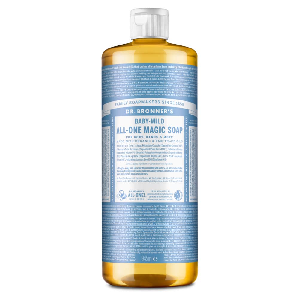 Dr Bronner's Baby Mild All-One Magic Soap, Made with Organic Oils, Used for Face, Hair, Babies, Laundry and Dishes, Certified fair Trade & Vegan Friendly, 945ml Recycled Bottle