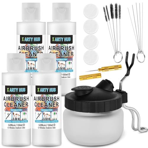 X ARTY HUB Airbrush Cleaning Kit - 4 * 4.05 fl oz / 120 ml Airbrush Cleaner with Glass Cleaning Pot, Easily Handle Water-Based and Acrylic Paints, for Airbrushes & Other Artistic Tools