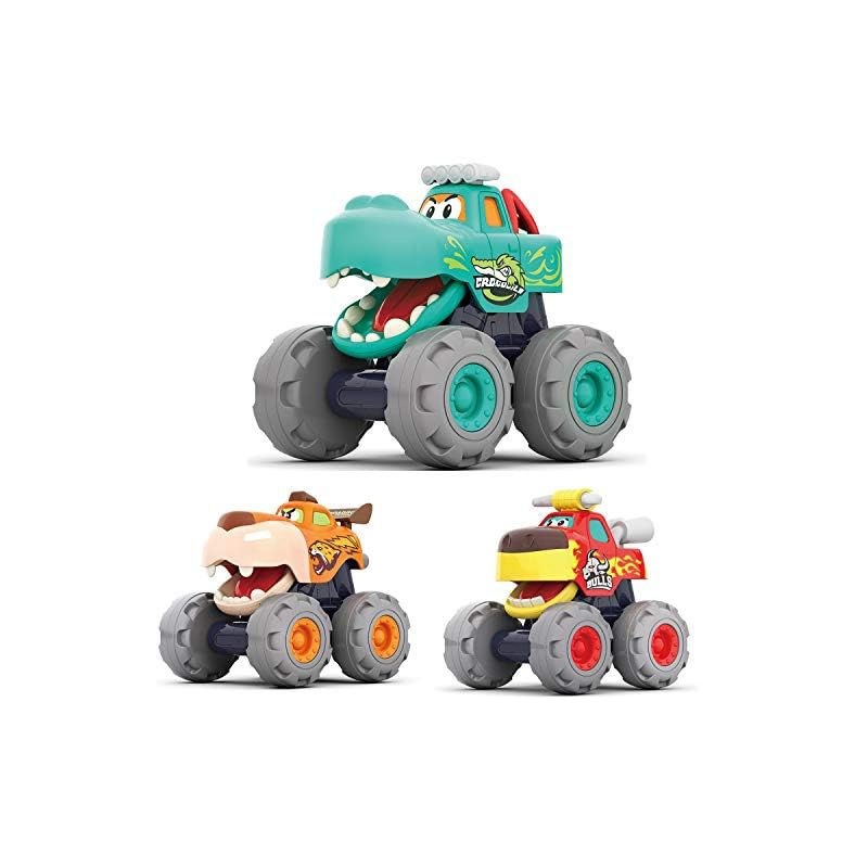 MOONTOY Toy Cars for 1 2 3 Year Old Boys, 3 Pack Friction Powered Cars Pull Back Toy Cars Set – Bull Truck, Leopard…