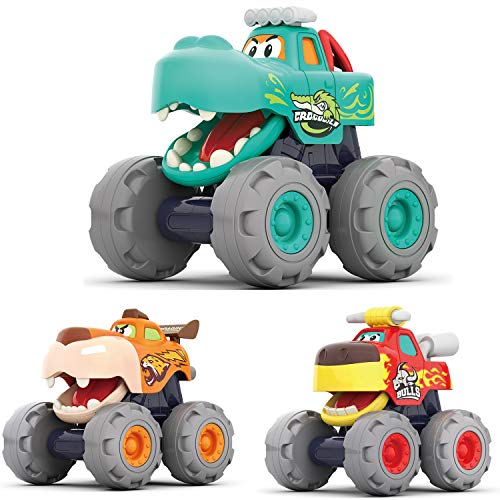 MOONTOY Toy Cars for 1 2 3 Year Old Boys, 3 Pack Friction Powered Cars Pull Back Toy Cars Set – Bull Truck, Leopard…