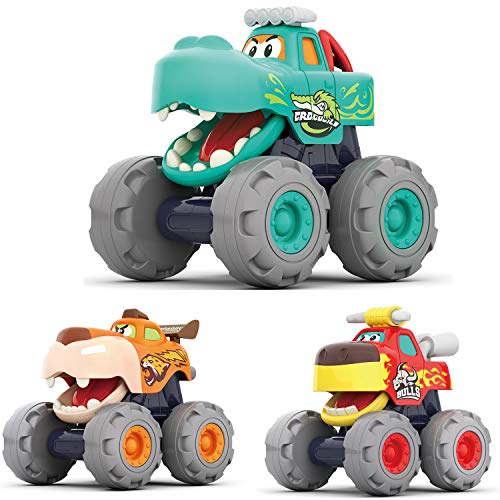 moontoy coches de juguete para niños de 1, 2 y 3 años, paquete de 3 coches de fricción, juego de coches de juguete con tracción hacia atrás - bull truck, leopard truck, crocodile trucks, push and go toy cars para niños pequeños, regalo para bebés.