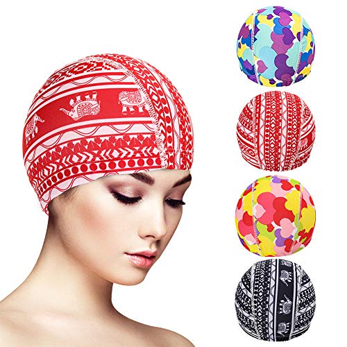 AhlsenL 4-Pack Swimming Cap for Women Girls, Spandex Cloth Fabric Swimming Swim Cap Hats Bathing Cap Solid Color