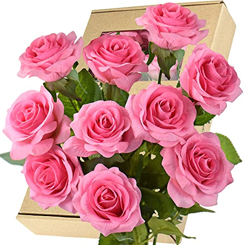 FiveSeasonStuff 10 Stems Real Touch Artificial Silk Roses 'Petals Feel and Look Like Fresh Roses' Bouquet for Floral Arrangements (Dark Pink #16) — image 1