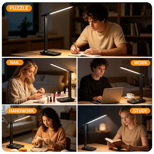 YAMYONE Lámpara de Escritorio LED con Puerto USB, Control Táctil, Luz Protectora Ocular, 5 Modos de Color y 5 Niveles de Brillo, Ideal para Dormitorio, Estudio y Mesita de Noche (Negro)