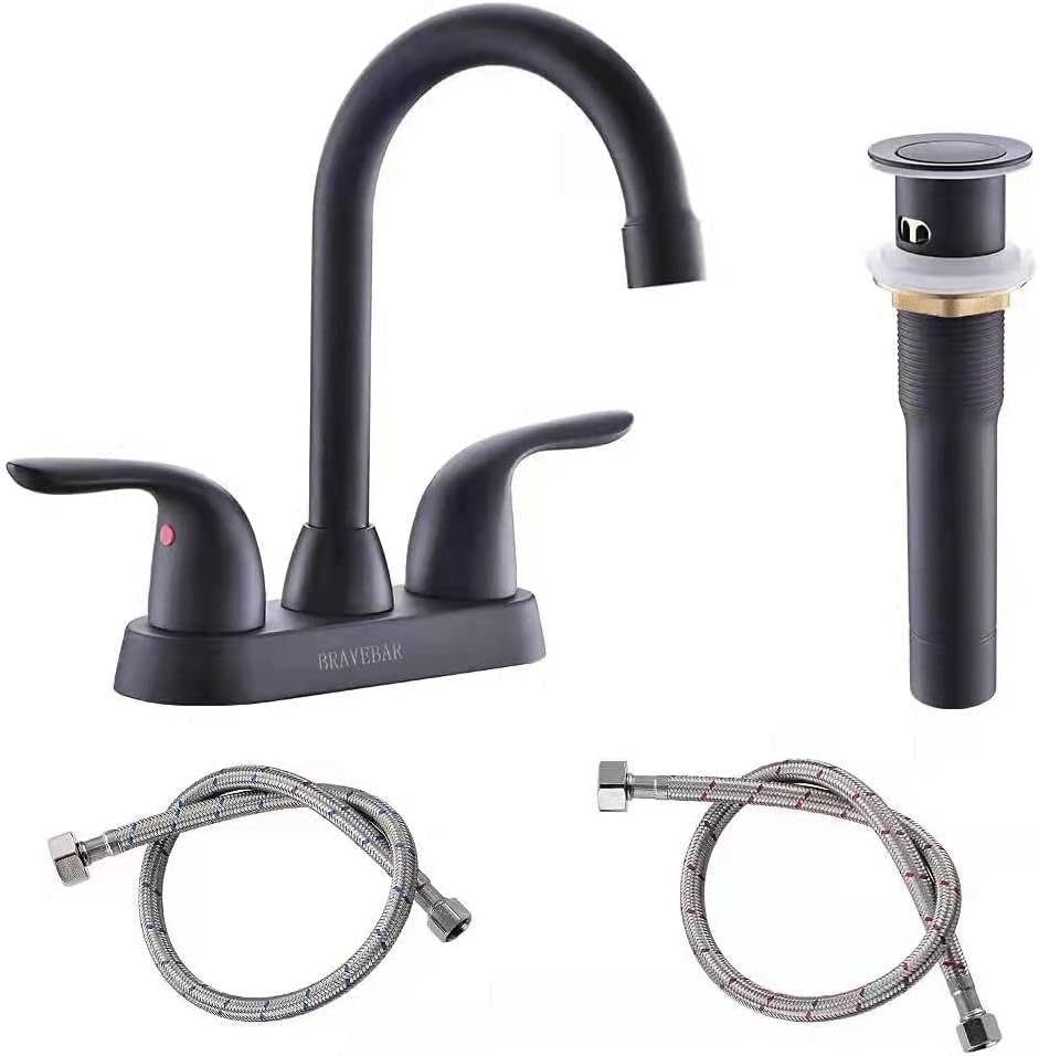 Two Handle Matte Black Bathroom Faucet， Swivel Spout with Popup Drain
