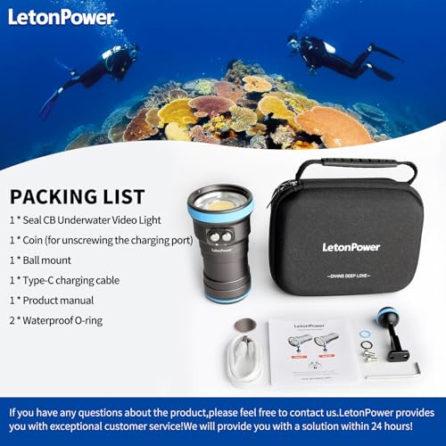 LetonPower Seal CB Underwater Video Torch 4000 Lumen – 120° CRI 94 6500K, Waterproof 100 m, USB-C Charging for Professional Video and Underwater Photos