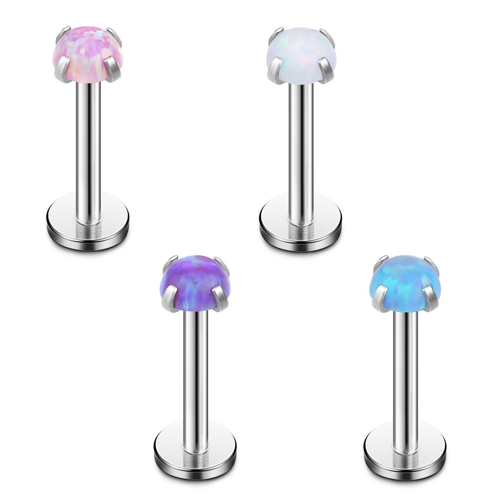 Ruifan 2mm 3mm 4mm Opal Internally Threaded Stainless Steel Labret Monroe Lip Ring Tragus Helix Earring Stud 16G 1/4" 6mm 4PCS