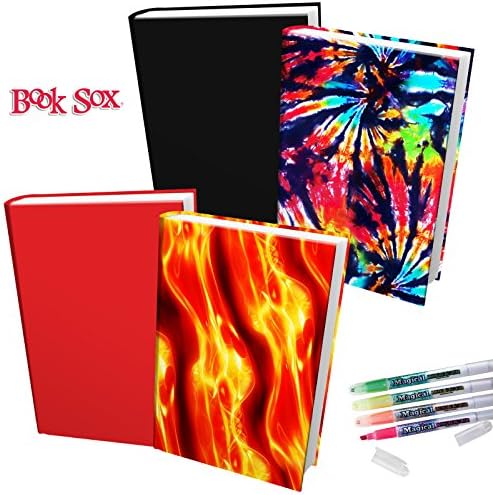 Book Sox Jumbo/Ultra Stretchable Book Covers | 4-pc Solids &amp; Prints Value Bundle in 6 Color Combinations | Black, Tie Dye, Red &amp; Fireball + 2 BONUS Magical Erasable Highlighters