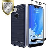 Google Pixel 3 XL Case, Hanhua TC Carbon Fiber Pattern Slim Fit Shockproof TPU with Tempered Glass Screen Protector Anti-Scratches Case Cover for Google Pixel 3 XL - Blue