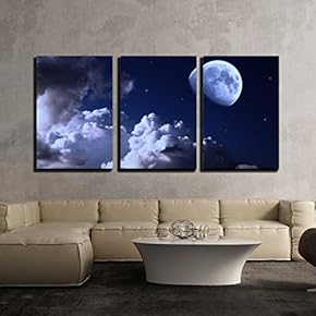 3 Piece Canvas Wall Art - Night Sky with The Moon, Clouds and Stars - Modern Home Art Stretched and Framed Ready to Hang - 16"x24"x3 Panels