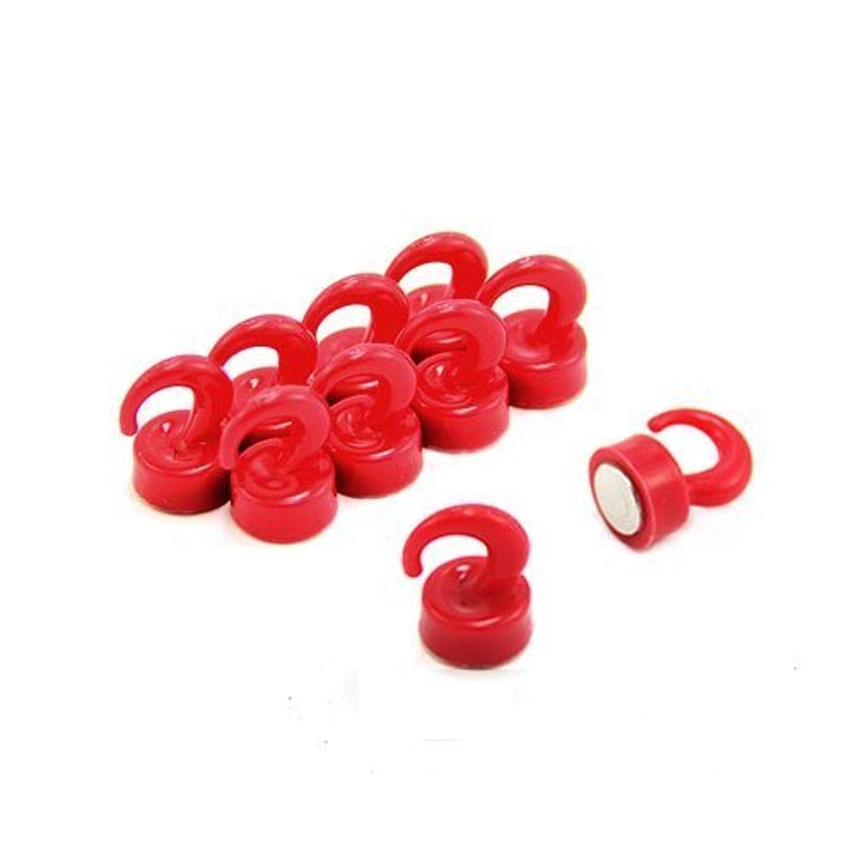 Red Plastic Mini Magnetic Hooks for Fridge, Office, Whiteboard, Noticeboard, Filing Cabinet - 12mm Dia x 20mm Tall - 1kg Pull - Pack of 10