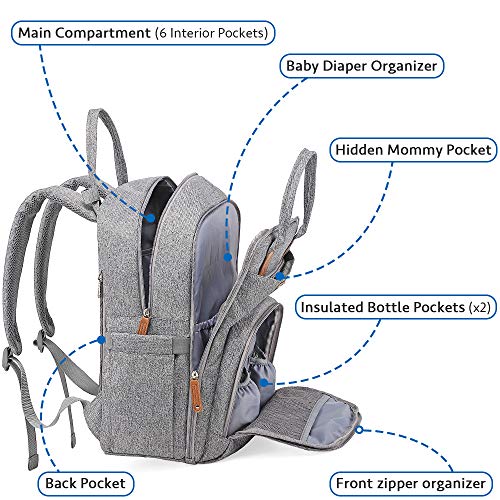 Diaper Bag Backpack, Large Capacity Unisex Nappy Changing Bags for Boys and Girls Waterproof Multifunction Travel Back Pack for Mom and Dad, Gray
