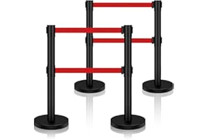 PIXTICY Stanchions with Retractable Belts, 4Pack Crowd Control Barriers, Crowd Control Stanchion Set with 9.8ft Red Double Layer Belts, Line Dividerm for Schools, Restaurants, Banks, Galleries, Easy Assembly
