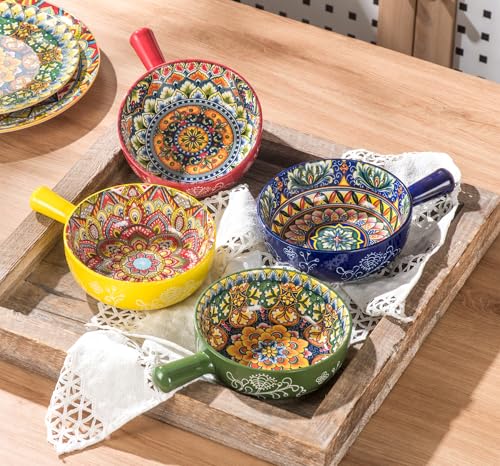 Henten Home Soup Bowl with Handle, Cereal Bowls, Ceramic Cereal/Soup Pot - 750ml, French Onion Soup Bowls, Microwave and Oven Bowl - Bohemian Style