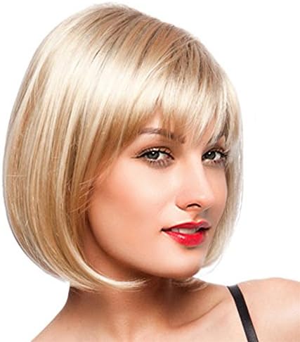 Determ Women Short Straight Blonde Full Bangs Bob Hairstyle Synthetic Hair Full Wig (Gold)