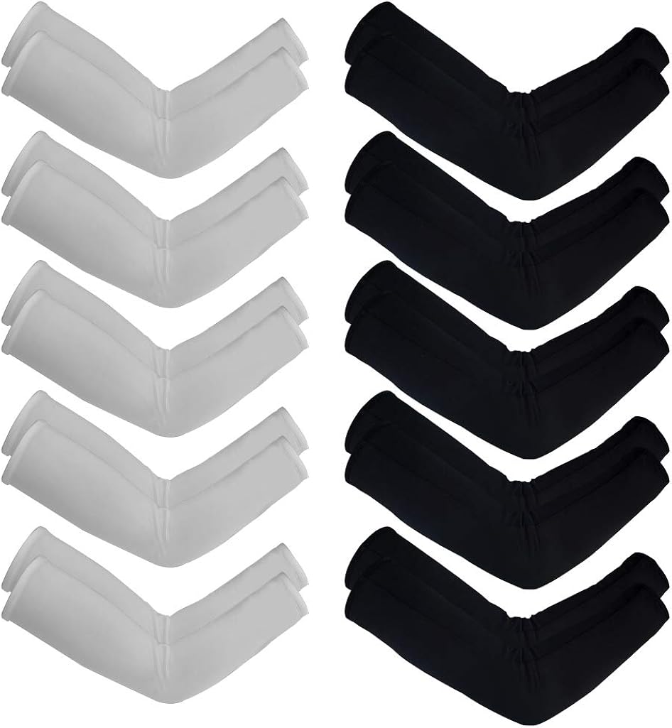 10 Pairs Unisex Arm Sleeves, Arm Sleeves UV Sun Protection Cooling Sleeves for Women Youth Arm Cover Sleeves for Boys Girls Bike Riding Baseball Basketball Running Outdoors Activities, Black and White: Clothing