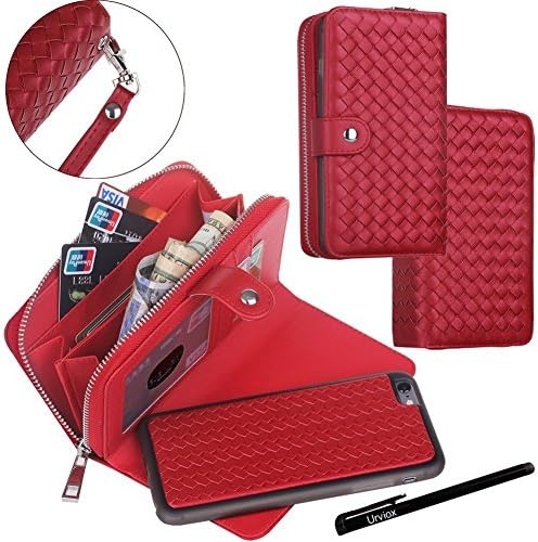 Urvoix iPhone 6 Plus/iPhone 6S Plus Case, Woven Skin Leather Zipper Wallet Detachable/Separable Magnetic Back Shell Cover w/Hand Strap, Card Slots for iPhone6 Plus/6S Plus(5.5" Screen) RED