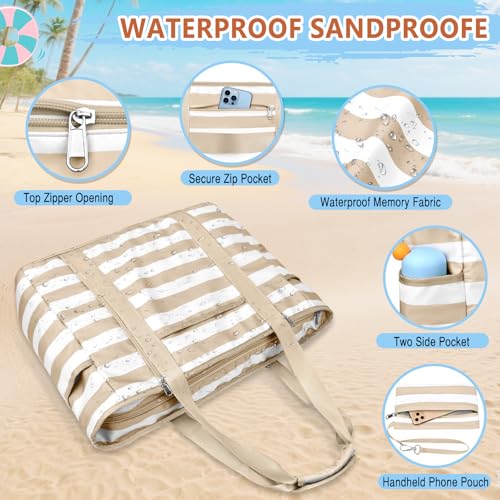 KTUEOV Large XXL Family Beach Bag, Waterproof 45L Women's Beach Bag with Zip, 12 Pockets, Beach Bag for Men Beach Foldable Lightweight for Swimming Pool, Travel, Gym, Shopping