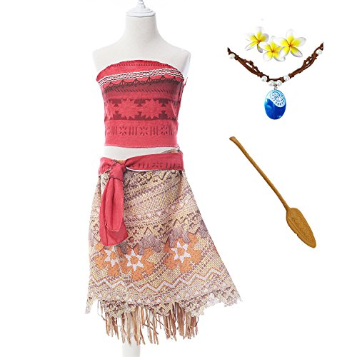 Moana Girls Adventure Outfit Cosplay Costume Skirt Set with Necklace&flower (3.28FT)