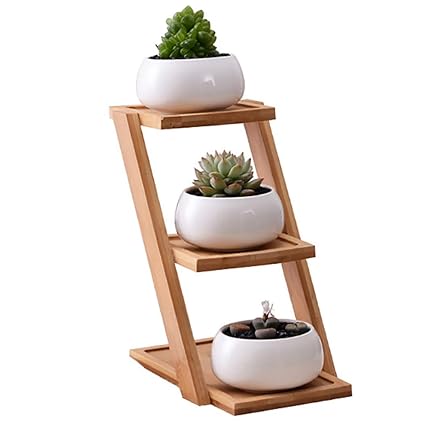 Outgeek 3PCS Succulent Pot Ceramics Decorative Plant Pot Flower Pot with Bamboo Shelf