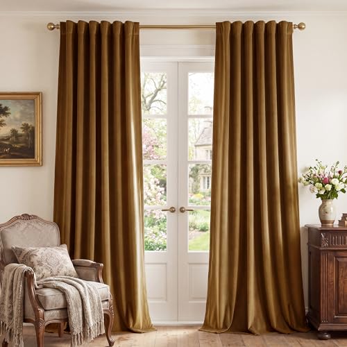 StangH Velvet Curtains 84 - Gold Brown Blackout Thermal Insulated Window Curtains for Living Room Back Flap Luxury Curtains for Home Decor Sliding Door