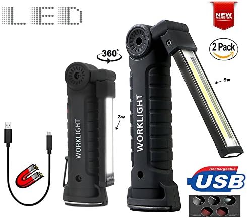 Rechargeable COB LED Slim Light Set: 5W 360 Lumen &amp; 3W 180 Lumen Foldable &amp; 360° Rotates. 5-Modes Portable Multifunctional Torch Light Inspection Light COB LED Work Light w/Magnetic Base USB-Recharge