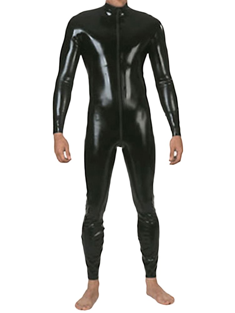 AvaCostume Men's Black Latex Rubber Catsuit Bodysuit Unitard