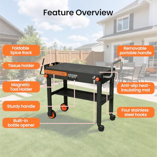 Folding Grill Table for Blackstone 17" & 22" Griddle, Portable Cart with Wheels, 20-Second Tool-Free Setup, 450 lb Heavy Duty Prep Station for Pizza Oven & Camping Stove