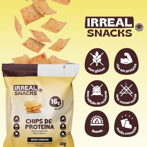 Irreal Snacks, Snack Proteico Salgado, Sabor White Cheddar, 40g, Feito com Batata Doce, Caseinato de Cálcio e Proteína de Arroz