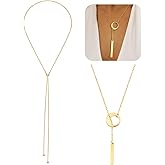 FIRSAUKI 2Pcs Long Gold Necklace for Women Trendy Dainty 14k Gold Plated Silver Lariat Necklaces Y Tassel Drop Tie Necklace Simple Adjustable Statement Jewelry Gift