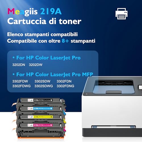 Meagiis 219A with Chip Toner Cartridges Compatible with HP 219A 219X Toner for HP Color LaserJet Pro 3202DN 3202DW MFP 3302FDW 3302SDW 3302FDN3302FDWG 3302SDWG 3302FDNG (4 Pack) | Compatibili con HP Color LaserJet Pro 3202DN, 3202DW, MFP 3302FDW, 3302SDW, 3302FDN, 3302FDWG, 3302SDWG, 3302FDNG