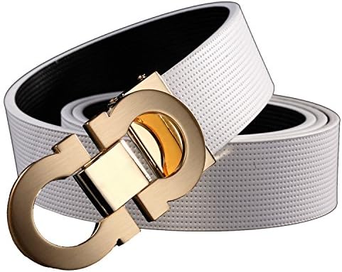 Onlybaby Reversible and Adjustable Men's Leather Belt with Double Shiny Buckle 125cm White-Gold