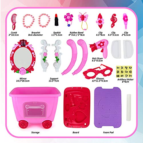 Buddynbuddies 3 in 1 Pretend Makeup & Salon Trolley, 21 PCS Pretend Dress-up Kit for Little Princess Toddler Girl, Glamour Girl Pretend Play Makeup Set for Children 3 Years Old and Up