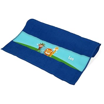 Handtuch mit Namen Leo und Tier-Motiv mit AFFE, Elefant, Löwe und Giraffe für Jungen | Kinder-Handtuch Bedruckt | Farbe: Blau